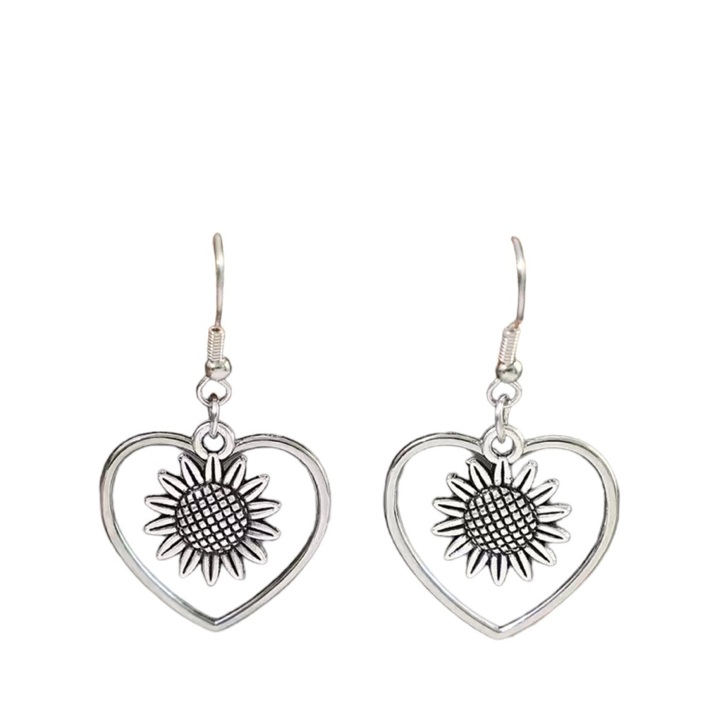 Silver Plated Boho Heart and Sunflower Drop Earrings